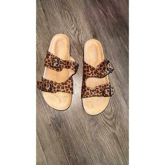 Cat & Jack Girls Leopard Print Double Buckle Slide Sandals Brown Tan Size 4