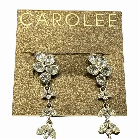 Carolee Silver Tone Clear Rhinestone Floral Cluster Dangle Earrings Stud