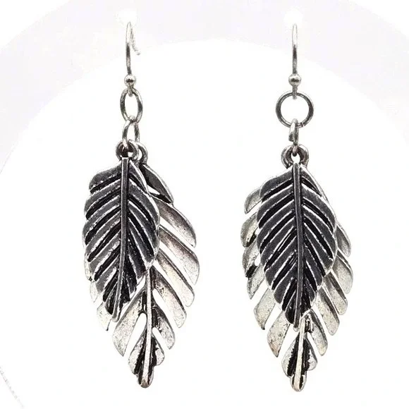 Silver Tone Double Layered Leaf Hook Dangle Drop Textured‎ Earrings