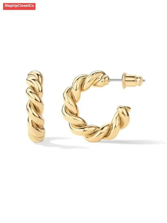 14K Gold Plated Twisted Rope Round Hoop Earrings 16mm Hypoallergenic