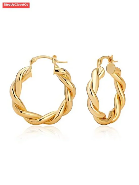 Chunky Twisted Gold Plated Hoop Earrings Hypoallergenic Vintage 18k Gold Finish