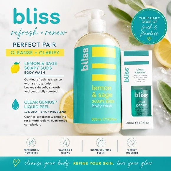 Bliss Lemon & Sage Body Wash and Clear Genius Liquid Peel‎ Set 2pc New
