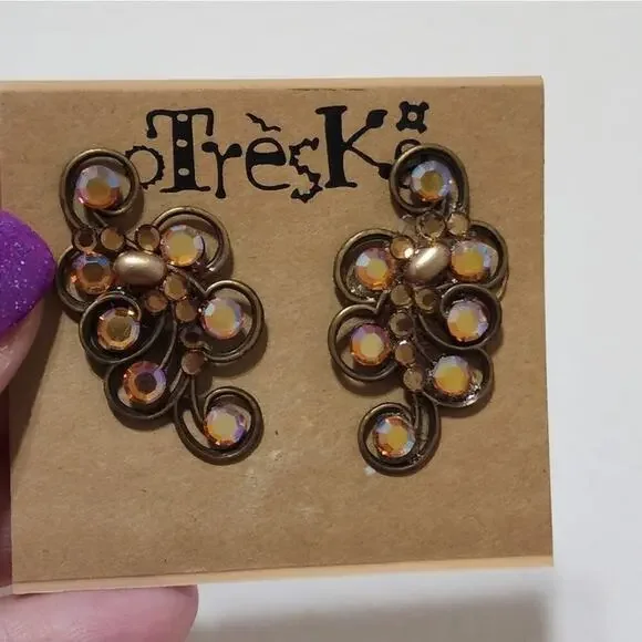 Treska Antique Brass Aurora Borealis Crystal Scroll Post Earrings‎ Iridescent