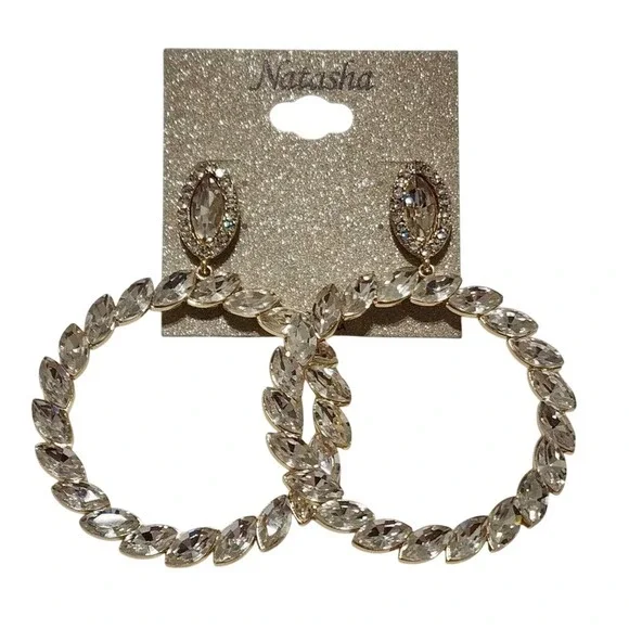 Natasha Gold Tone Marquise Crystal Statement Hoop Drop Earrings Clear Rhinestone