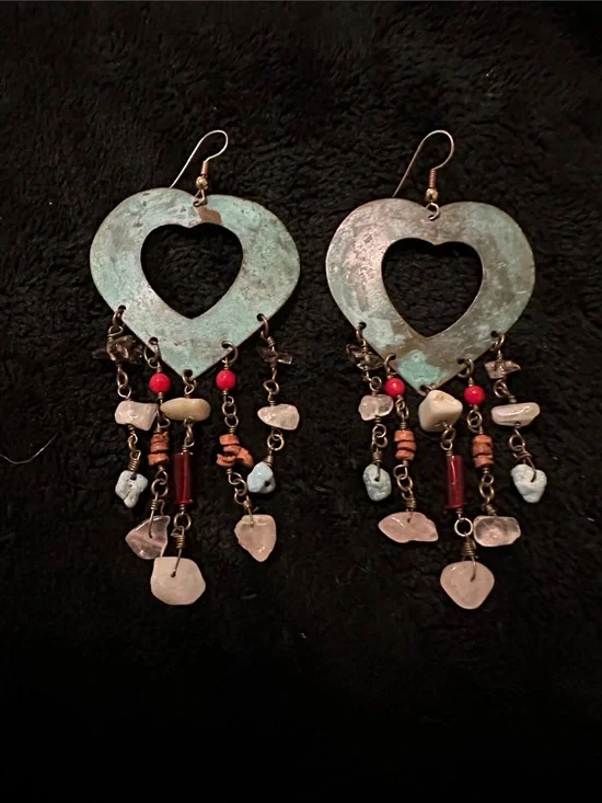 Bohemian Turquoise Patina Heart Dangle Earrings with Mixed Stone Beads