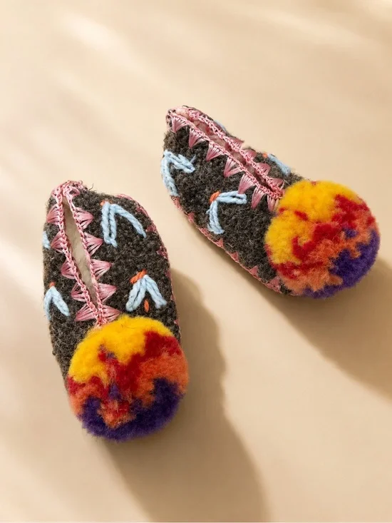 Boho Miniature Felt Pom Pom Slippers Folk Art Decorative Pair Size 4