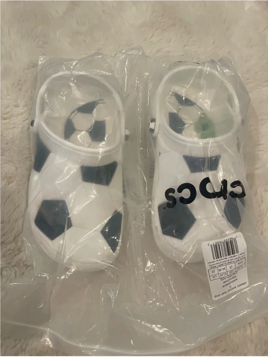 CROCS White & Navy Soccer-Print Kids Clogs