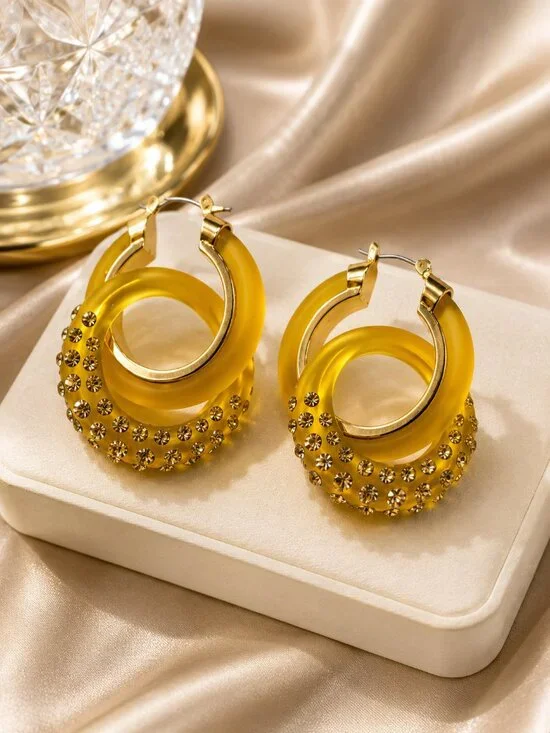 Yellow Double Hoop Earrings w/ Crystal Accents – Bold Women's Statement Jewelry
