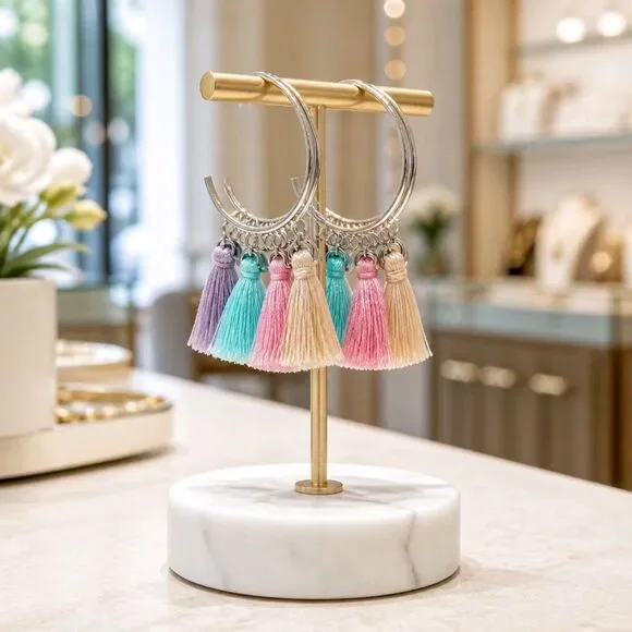 Kinsley Armelle Multi Colored Tassels Silver Metal Hoops Pierced Earrings