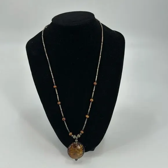 Vintage whimsygoth sterling silver large round brown glass pendant necklace