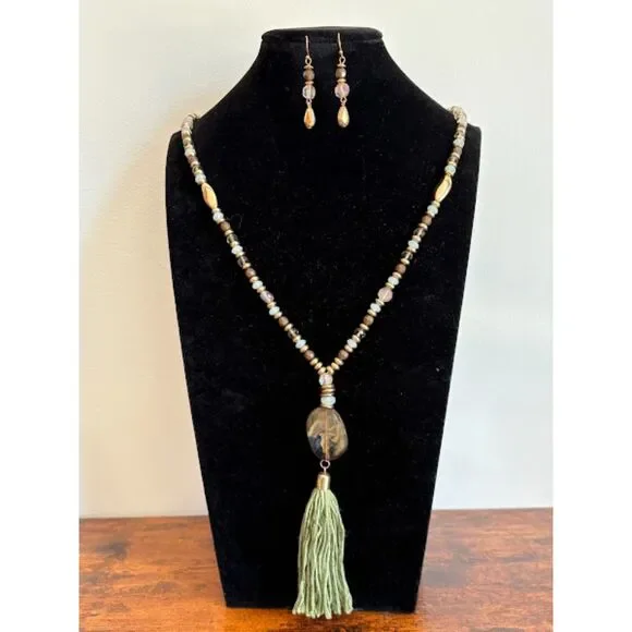 Beaded Tassel Statement Necklace & Matching Earrings – 24