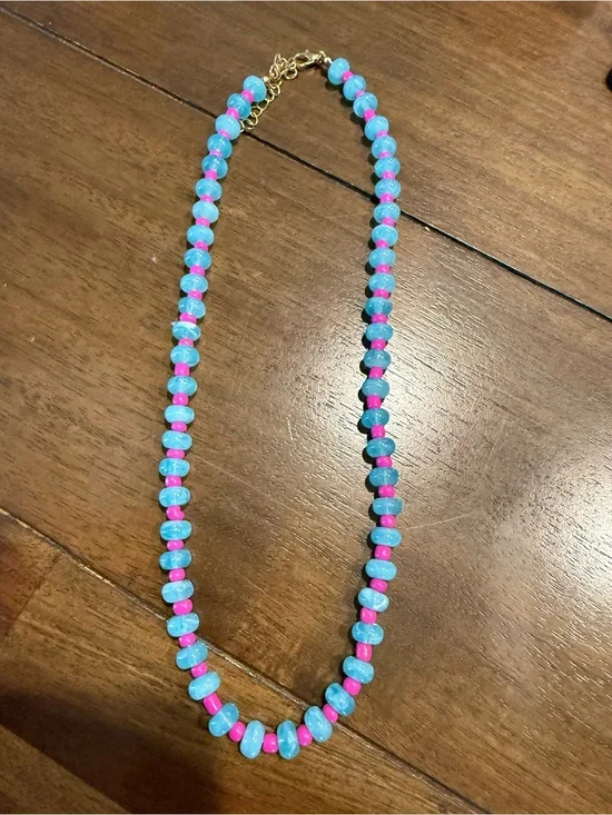 Turquoise and Pink Beaded Necklace with Gold Accents