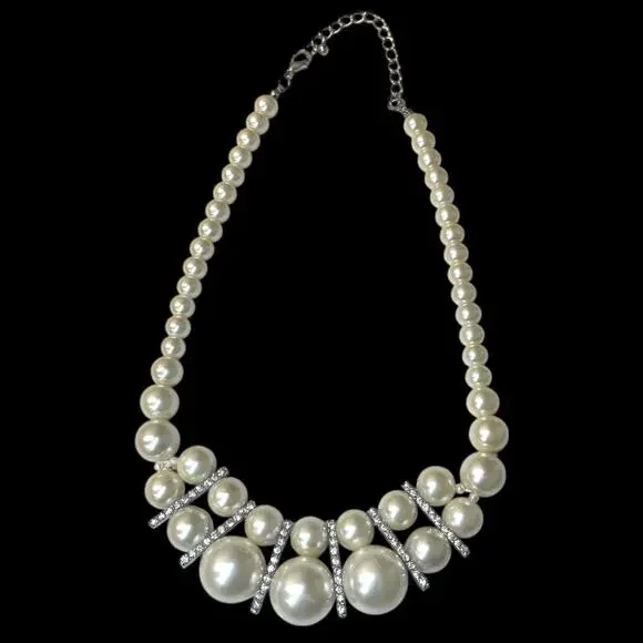Glam Faux Pearl Rhinestone Statement Bib Necklace Graduated Sparkly Glam Retro