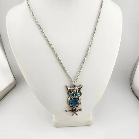 Owl Necklace Silver Tone with Turquoise Colored Stones Pendant Jewelry‎