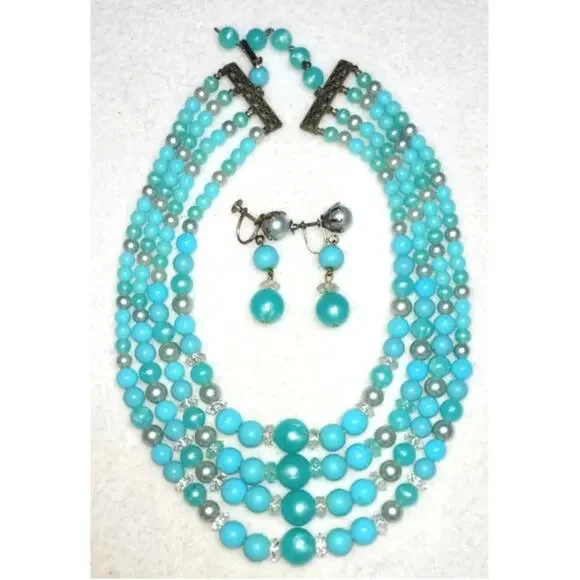 Vintage MCM 4 Strand Turquoise Faux Lucite Bead Necklace Screwback Earrings Set