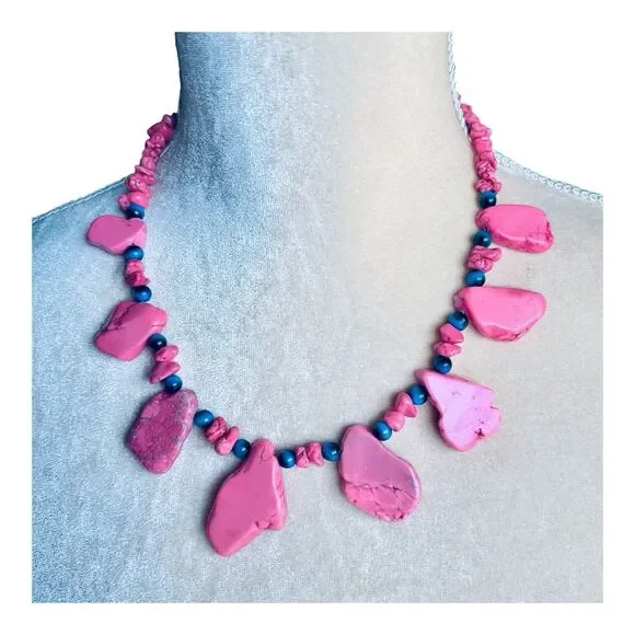Pink Howlite Beaded Necklace Blue Tiger Eye Beads 18” Artisan Made Statement