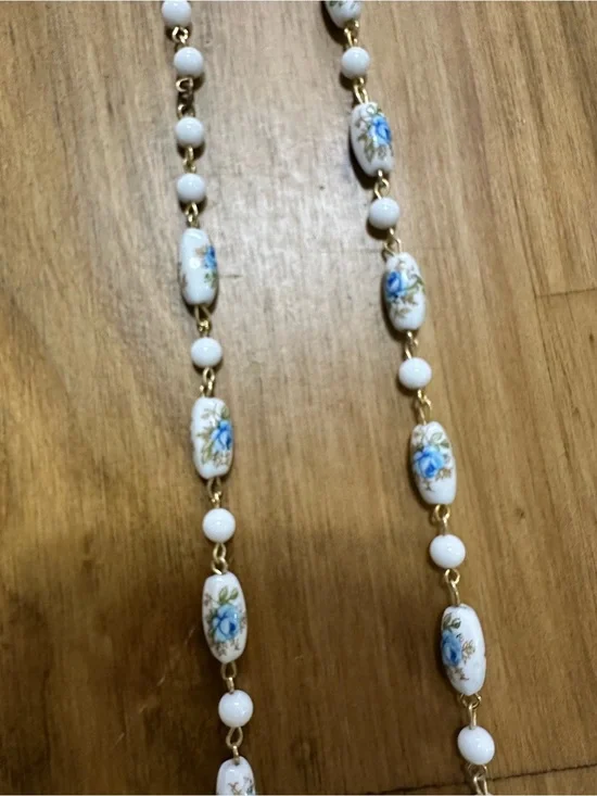 Delicate Vintage White and Blue Porcelain 12” Bead Necklace - Women's Jewelry