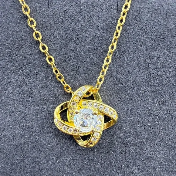 Sterling CZ Love Knot Necklace Gold Tone Interlocking Pendant Classic Design