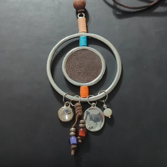 Silver Tone Brown Leather Pendant Necklace