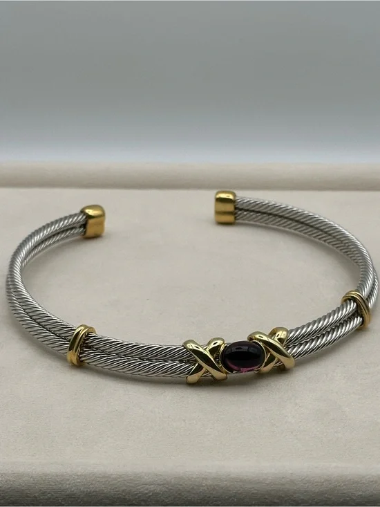 Two-Tone Silver Gold Rope Twist Collar Necklace Black Oval Stone Statement