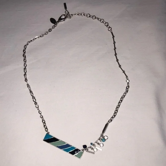 Chicos Blue Striped Bar Necklace Silver Tone