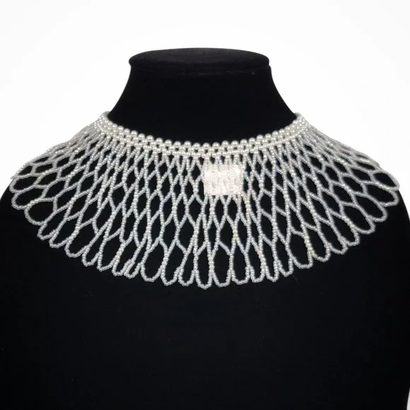 VTG 60s White Beaded Collar Necklace Bib Faux Pearl Statement RBG‎ 1960s