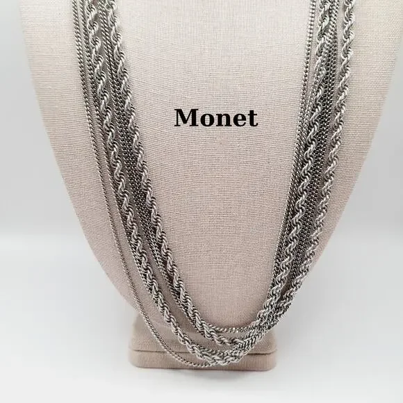 Vintage Monet 54 Inch Triple Strand Silver Tone Chain Necklace Layering