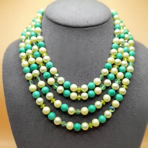 Vintage Green White Bead Necklace, Four Strands, AB Crystal Aspirin Beads, 16 In