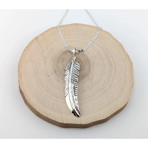 Handmade Navajo Sterling‎ Silver Feather Pendant Necklace NA Jewelry **