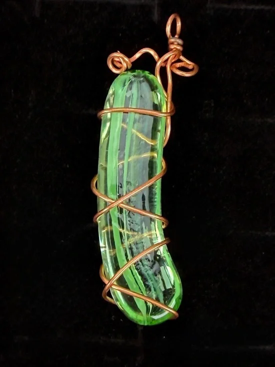 Green Glass Pendant Necklace with Coppertone Wire Wrap