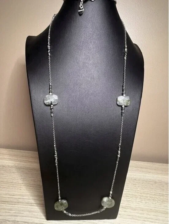 B6663 NAKAMOL Labradorite Hematite Long Station Necklace Silver Tone 40