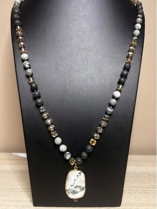 B6665 Long Beaded Necklace Lava Rock crystal Tree agate Pendant Gold 32