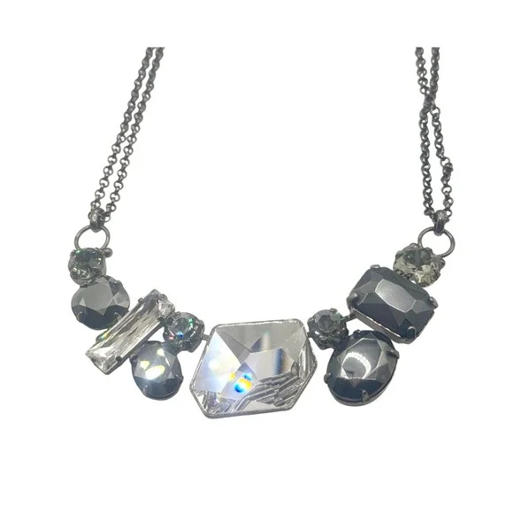 Sorrelli Gunmetal Crystal Statement Bib Necklace Grey Clear Multi Shape Stones