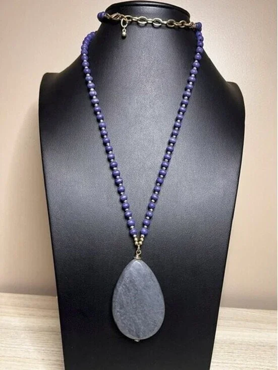 B6660 Blue Grey Aventurine Teardrop Pendant Wood Beaded Necklace 30