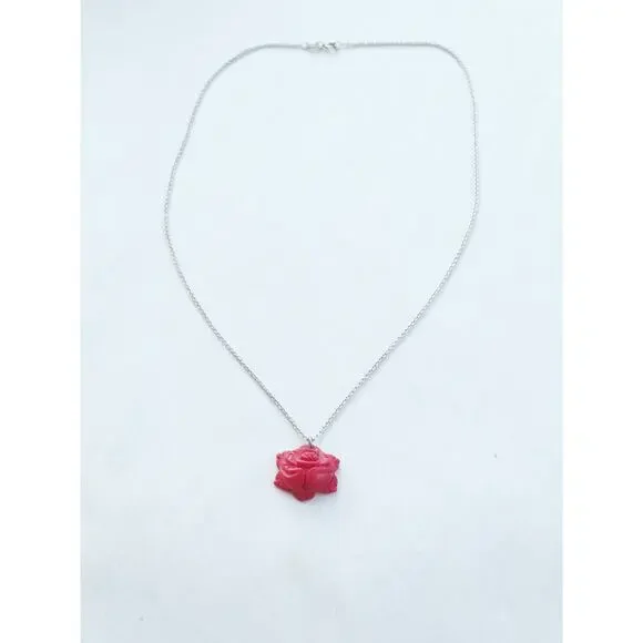 Athra Trading 925 Silver VTG Hand Carved Natural Coral Rose Flower‎ Necklace