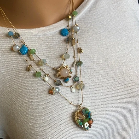 NWT Betsey Johnson layered floral/beaded heart pendant necklace