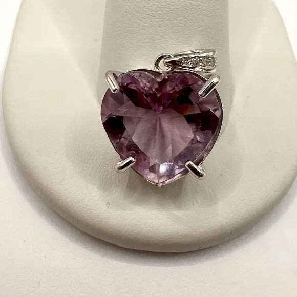 10.2ct genuine Brazilian rose quartz, heart shaped pendant with cz accents, .925