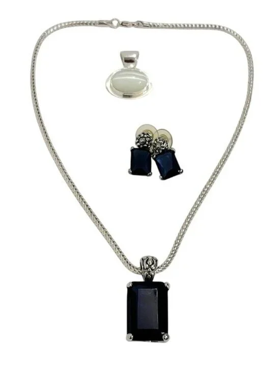 Vintage  Blue Pendant Necklace Earring Set Pearl Pendant