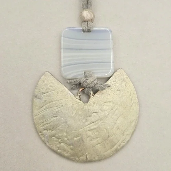 Handmade‎ Pendant Necklace Gray Glass Metal Suede Cord Geometric Boho