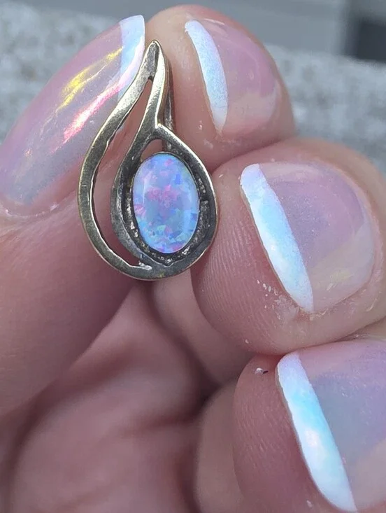 925 Gold Toned Opal Teardrop Pendant in Iridescent Blue