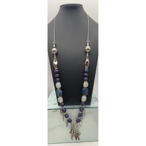 Chico's Silver Tone & Blue Beaded Elephant‎ Leaf Boho Charms Safari Necklace