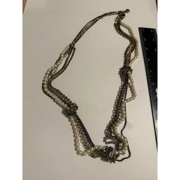 J.Crew Multi Strand Pearl and Mixed Metal Chain‎ Statement Necklace Knotted Gold