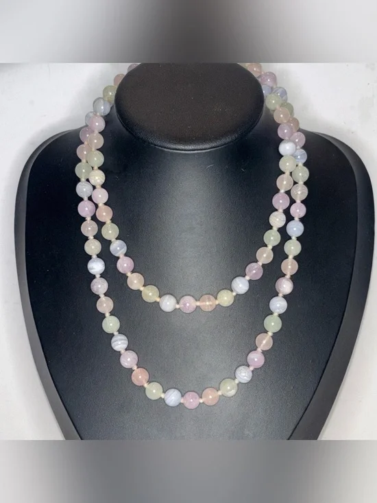 34” Knotted Multi-Gemstone Agate Bead Necklace Pastel Semi-Precious Stone Strand