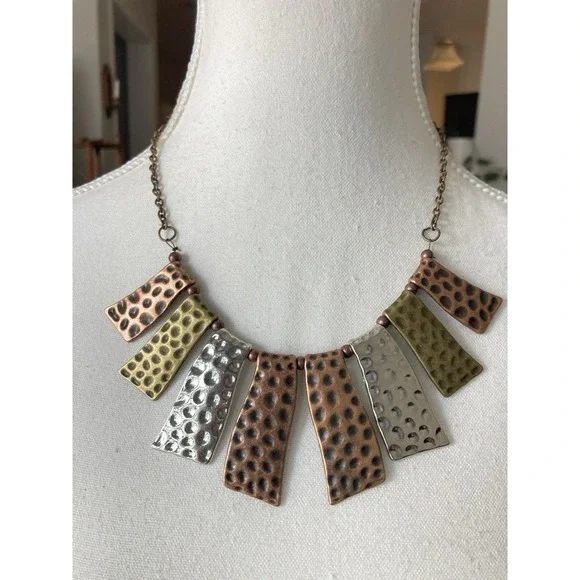Brutalist Hammered Mixed Metal Bib Necklace Copper, Brass, &‎ Silver Tones