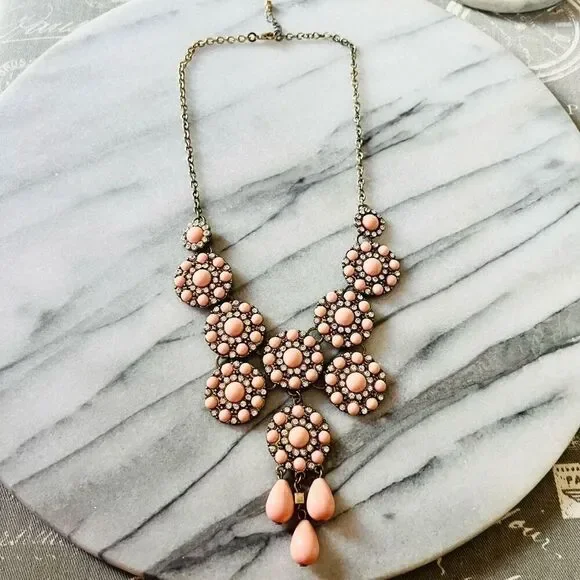 Pink Statement Necklace‎ Antique Gold Toned Chain Bib Round Ornate Style