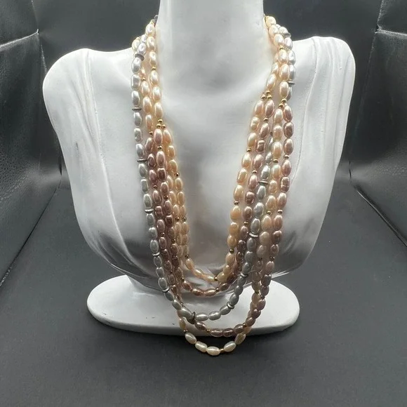Vintage Liz Claiborne‎ Multi Strand Necklace Faux Pearl White Pink Gray