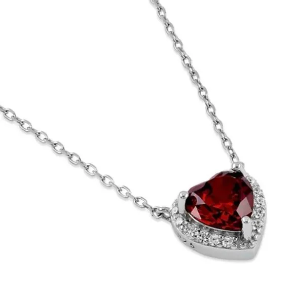 Sterling Silver Dark Garnet and Heart Halo Necklace New