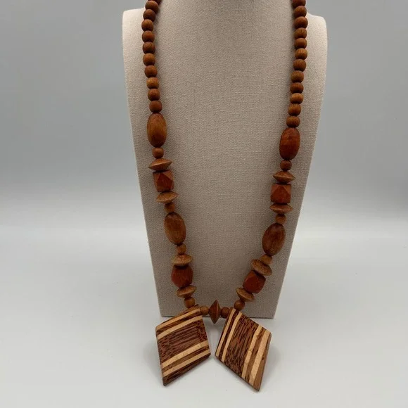 Vintage Boho Natural Wood Beaded Necklace Stripe Geometric Pendant Statement 24