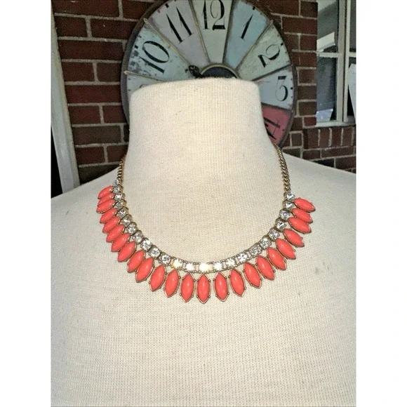 J.Crew Statement Necklace Women OS Coral Gold Excellent Bib Crystal Marquise