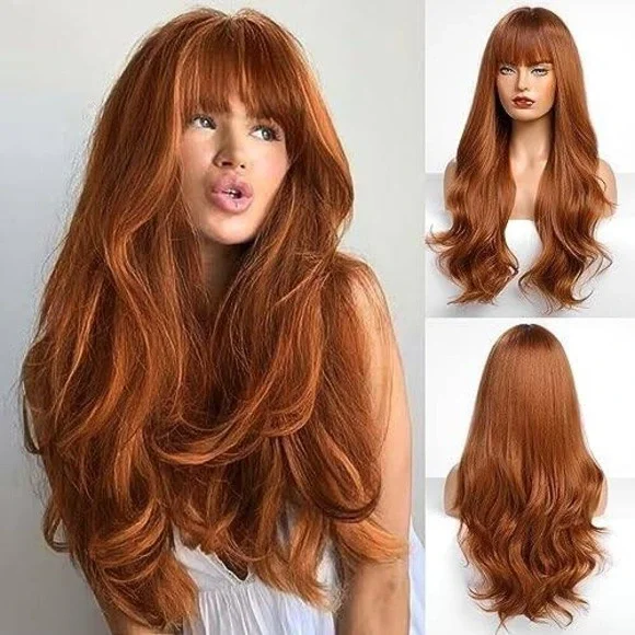 Long‎ Wavy Ginger Copper Wig with Bangs Synthetic Heat Resistant Red Orange Hair